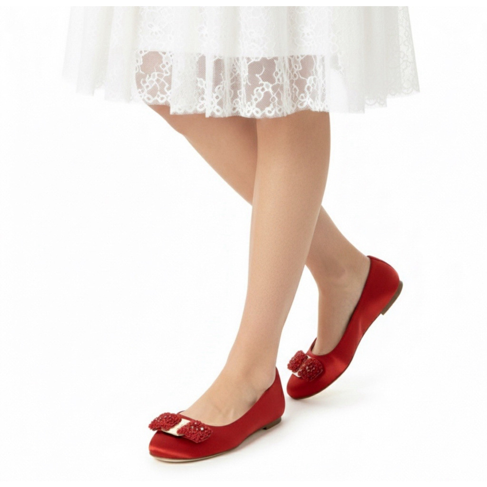 Salvatore Ferragamo Red Satin Beaded Varina Flats
